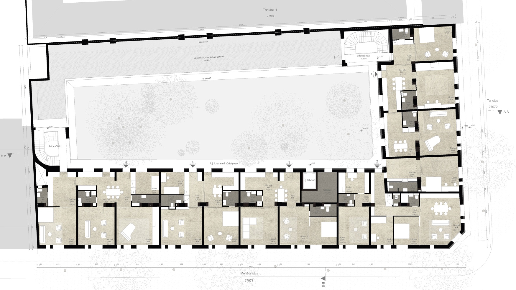 eklektikus bérház bővítése